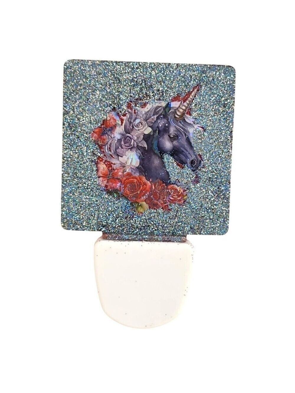 Unicorn Glitter Night Light Black Red Roses Square